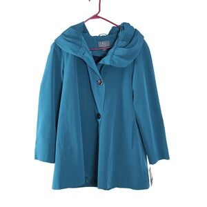 NWTs Gallery Paris Teal Pleated Hood A-Line Water Resistant Jacket L P